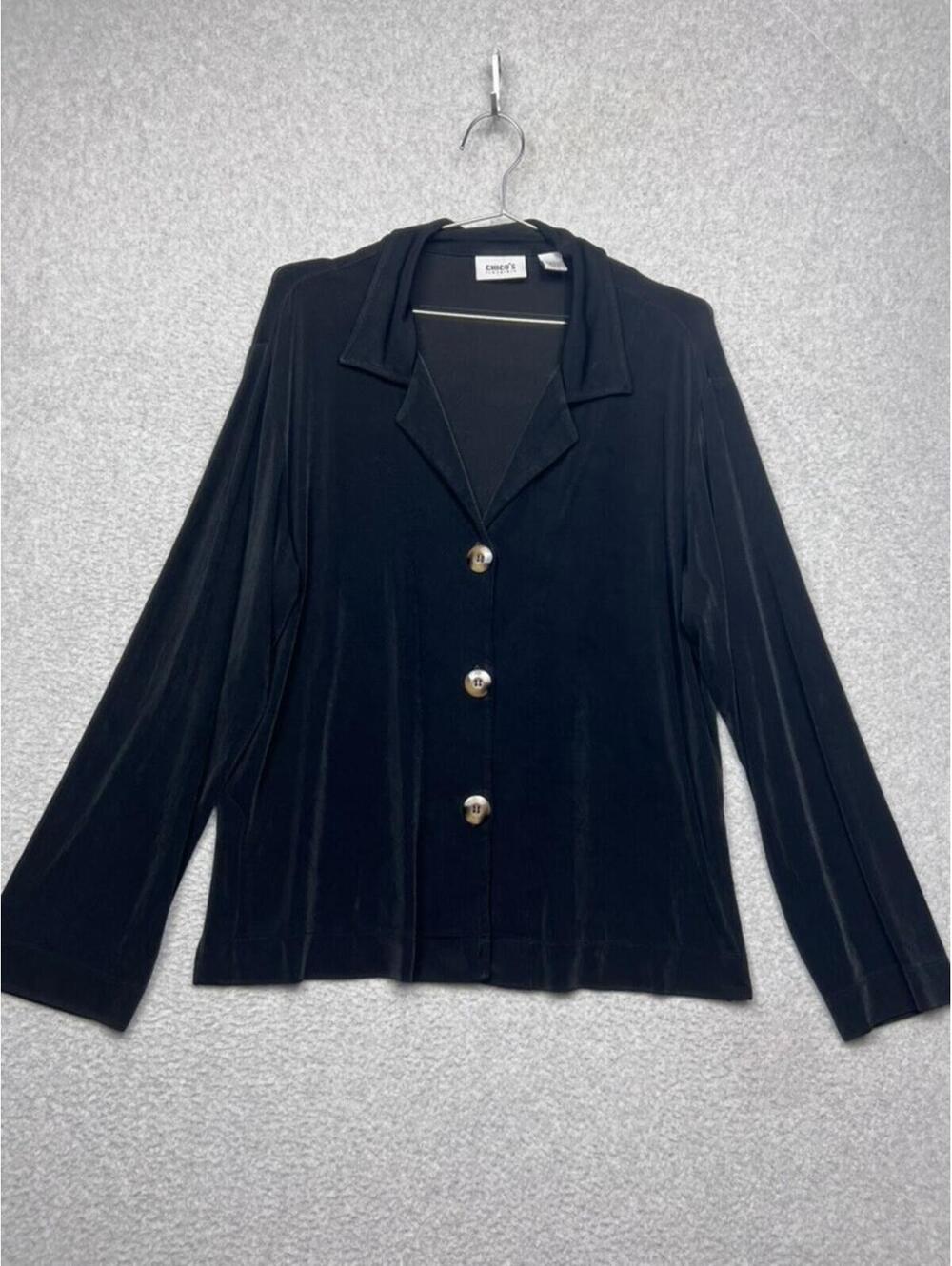 Chico's Travelers Black Slinky liquid knit Blazer Jacket Sz 2 L Button Front USA
